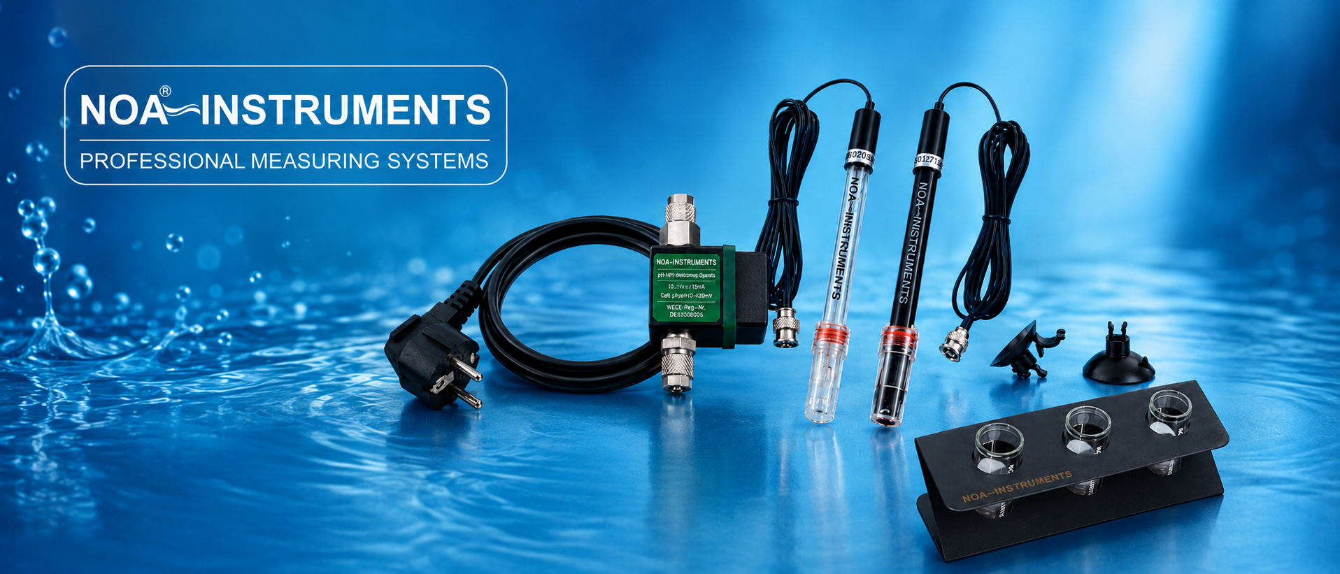 NOA-INSTRUMENTS Markenbanner mit pH-Elektroden, Magnetventil, Halterungen und Eichstation