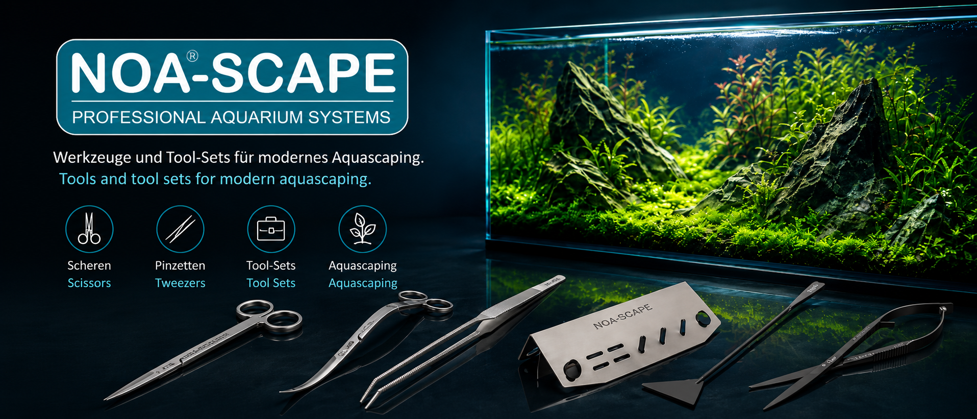 NOA-SCAPE Markenbanner mit Aquascaping-Scheren, Pinzetten und Werkzeugen vor einem bepflanzten Aquascape